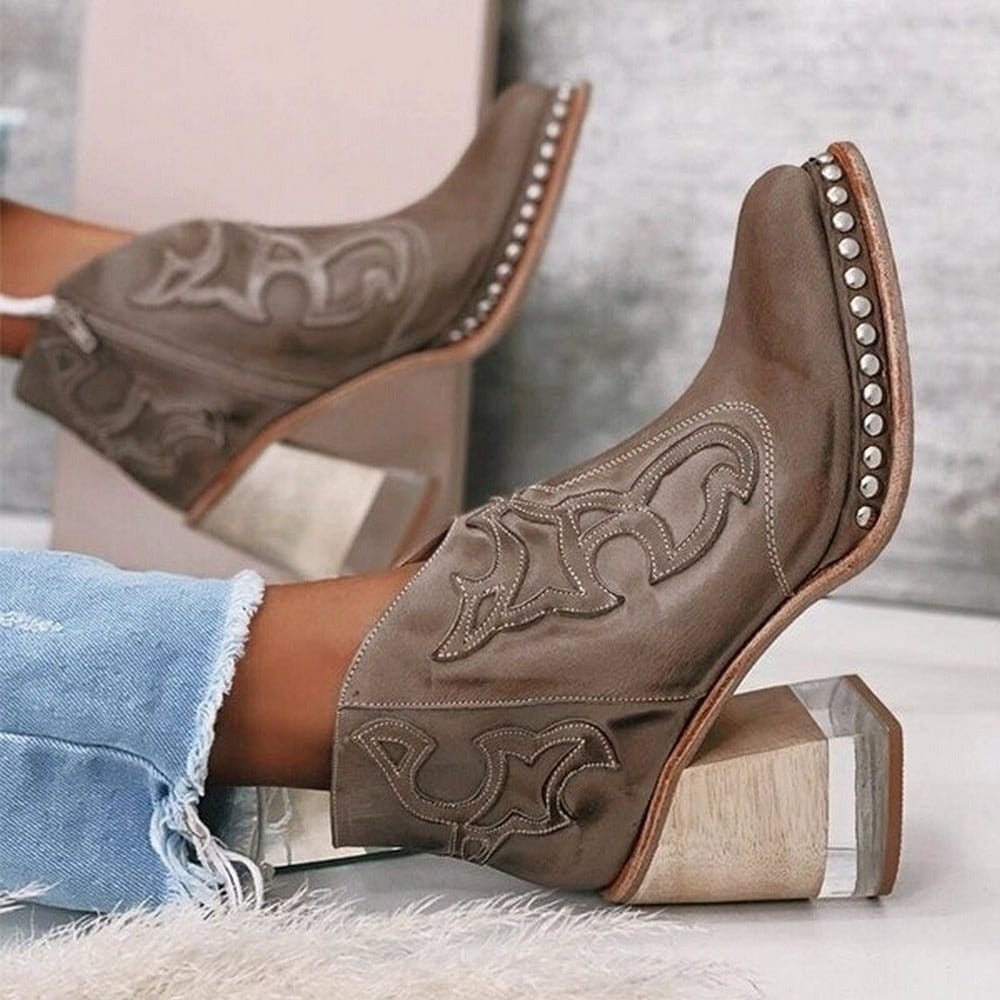 Women's Western Ankle Boots Block Heel Embroidered