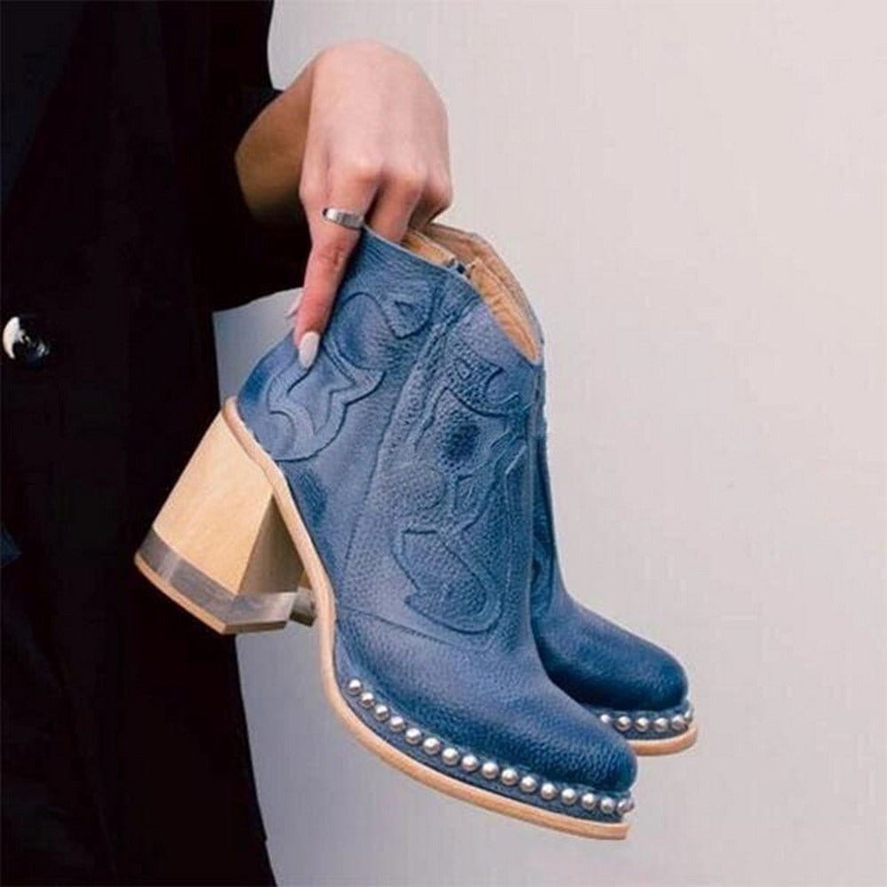 Women's Western Ankle Boots Block Heel Embroidered