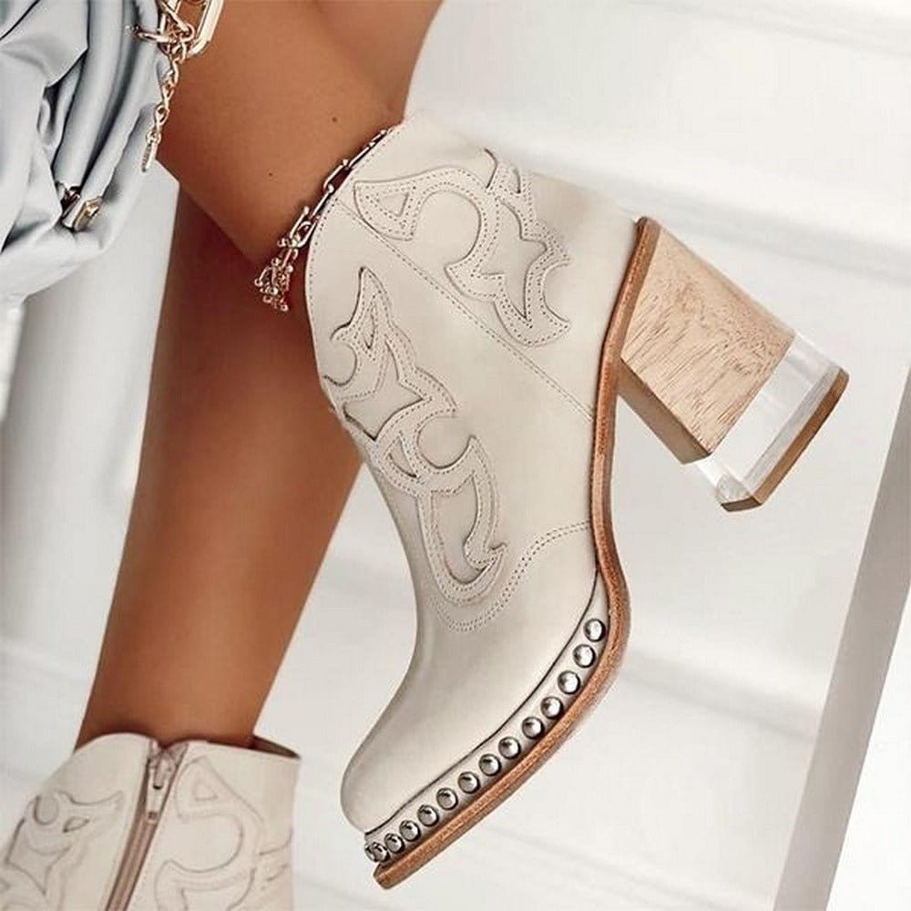 Women's Western Ankle Boots Block Heel Embroidered
