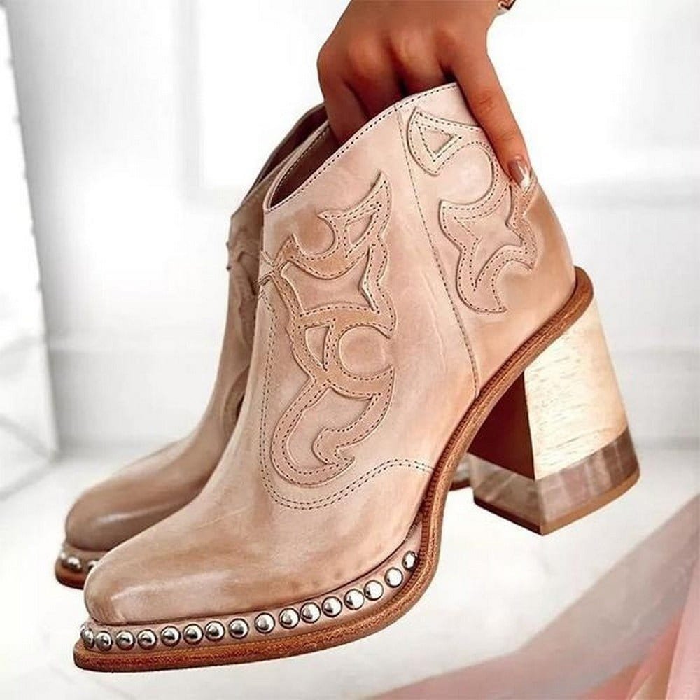 Women's Western Ankle Boots Block Heel Embroidered