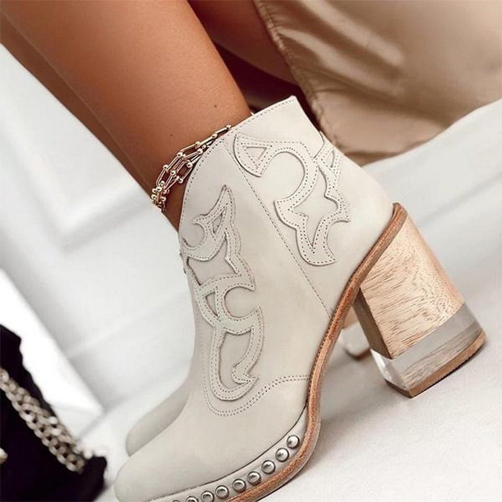 Women's Western Ankle Boots Block Heel Embroidered