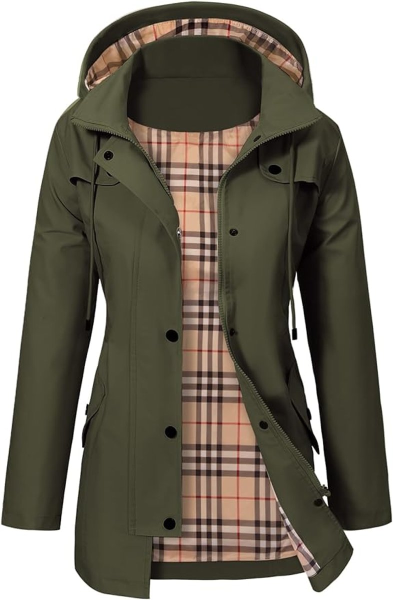 Women's Hooded Raincoat with Fleece Check Lining