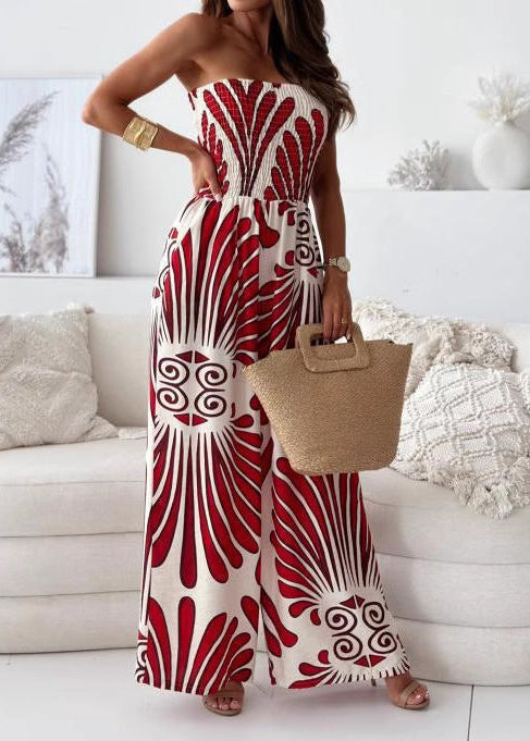 Women's Strapless Printed Wide-Leg Jumpsuit with Shirred Bodice – Elegant Summer One-Piece for Holidays and Occasion Wear
