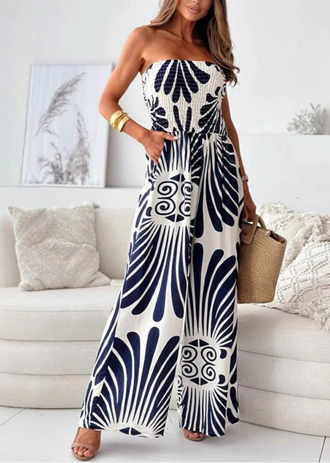 Women's Strapless Printed Wide-Leg Jumpsuit with Shirred Bodice – Elegant Summer One-Piece for Holidays and Occasion Wear