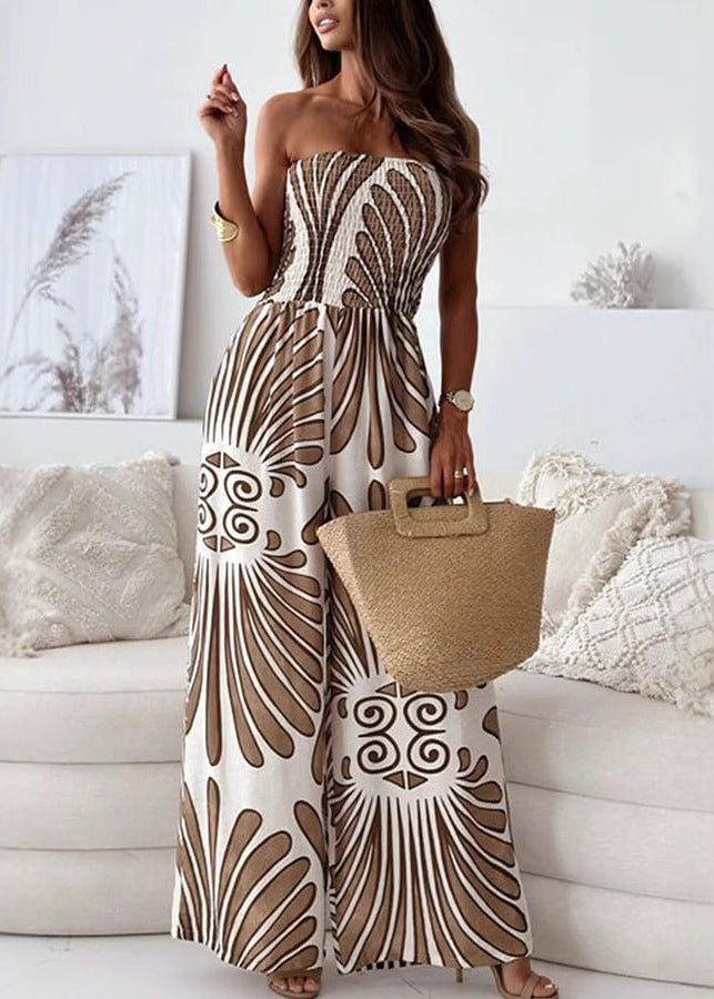 Women's Strapless Printed Wide-Leg Jumpsuit with Shirred Bodice – Elegant Summer One-Piece for Holidays and Occasion Wear