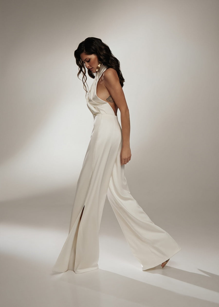 Women's Halter-Neck Cut-Out Wide-Leg Jumpsuit – Elegant Backless Occasionwear for Evening Events