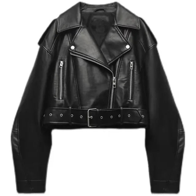 Hailey | Women's Cropped Faux Leather Moto Jacket Belted