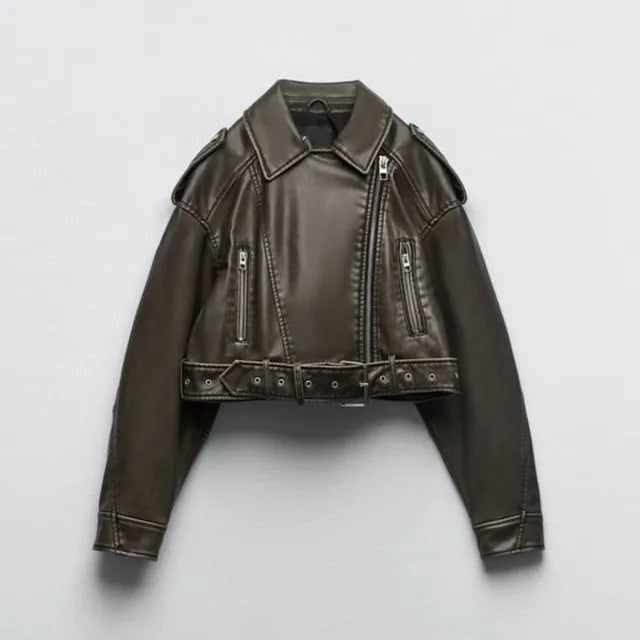 Hailey | Women's Cropped Faux Leather Moto Jacket Belted