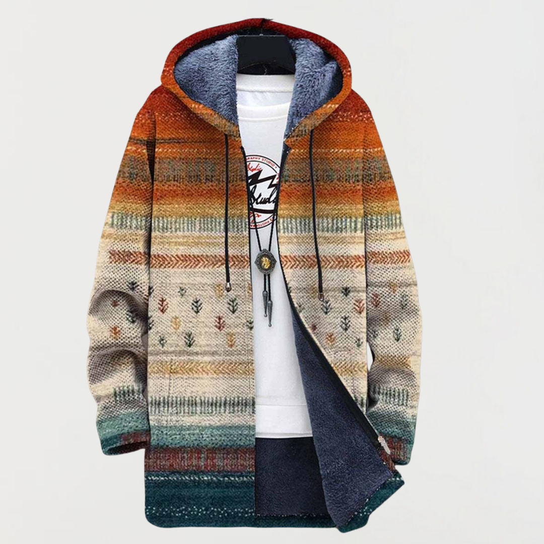 Liam | Men's Aztec Print Long Winter Coat Hooded Fleece Lined