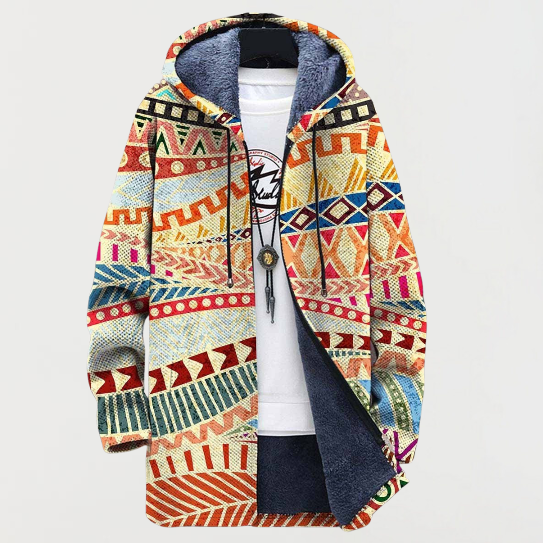 Liam | Men's Aztec Print Long Winter Coat Hooded Fleece Lined