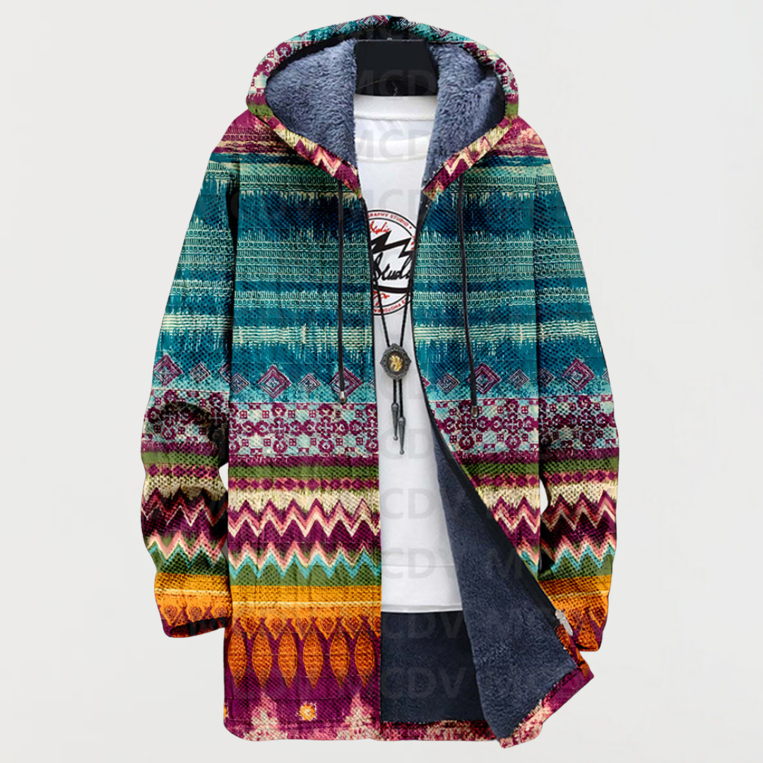 Liam | Men's Aztec Print Long Winter Coat Hooded Fleece Lined