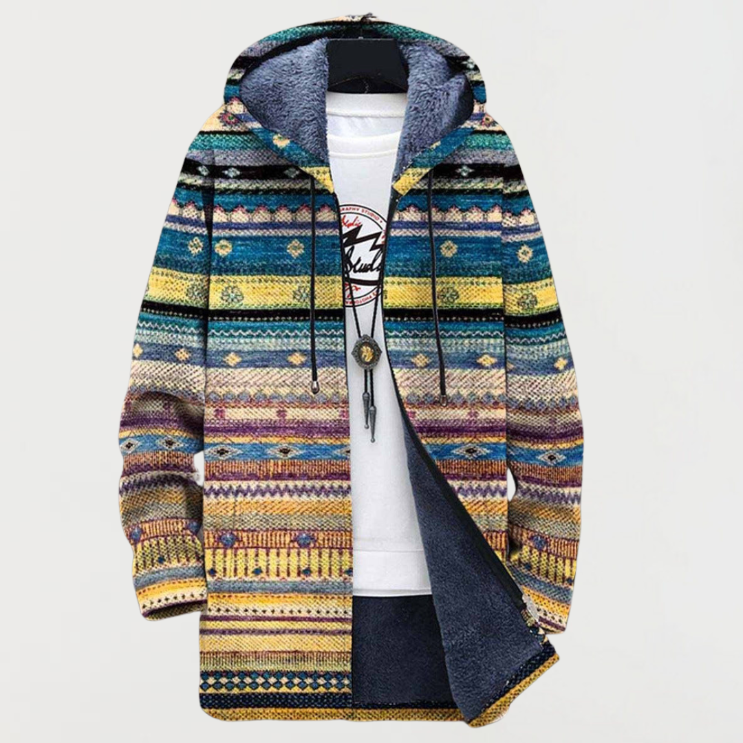 Liam | Men's Aztec Print Long Winter Coat Hooded Fleece Lined