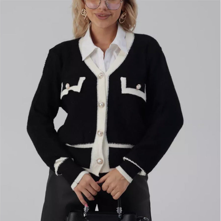 Women's Elegant V Neck Knitted Cardigan with Pearl Effect Buttons – Contrast Trim Long Sleeve Cardigan for Smart Casual and Office Wear