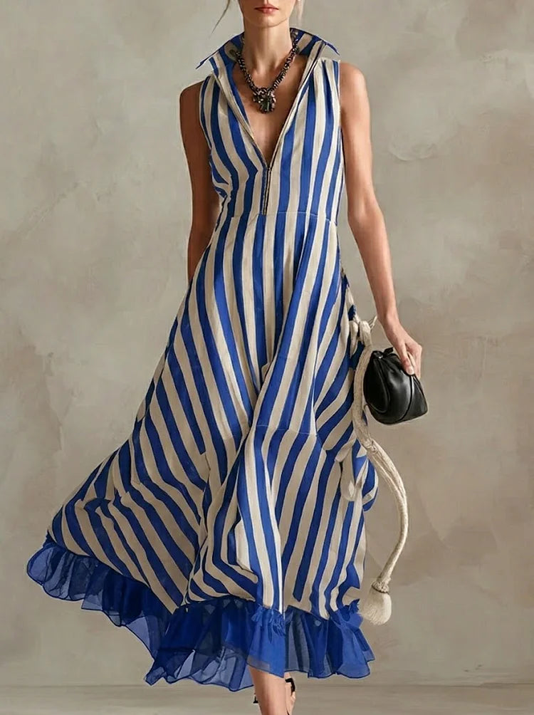 Fashionable Striped Chiffon Patchwork Sleeveless Linen Cotton Dress