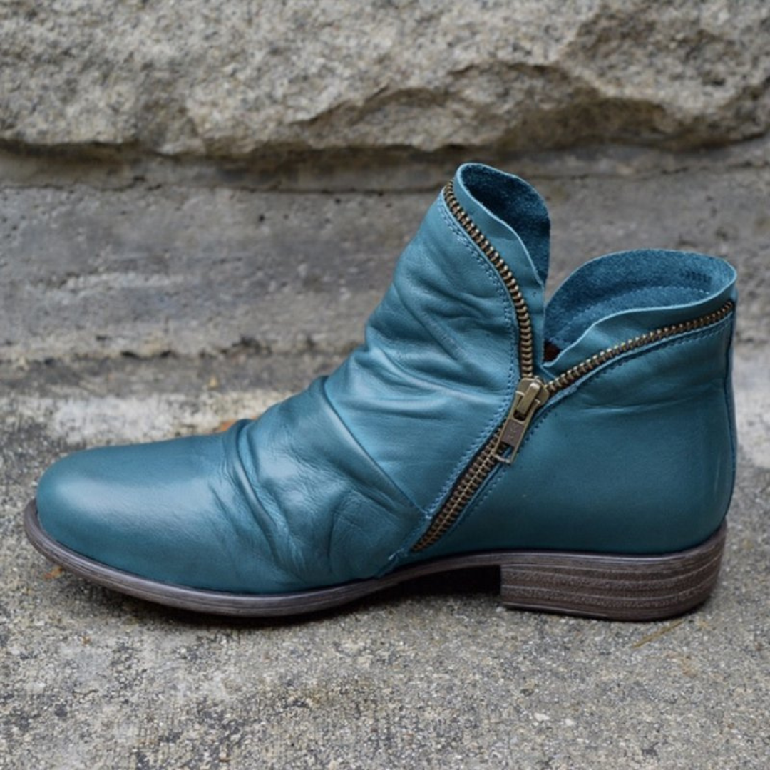 Alexandra | Women's Leather Ankle Boots Zipper Flat Heel