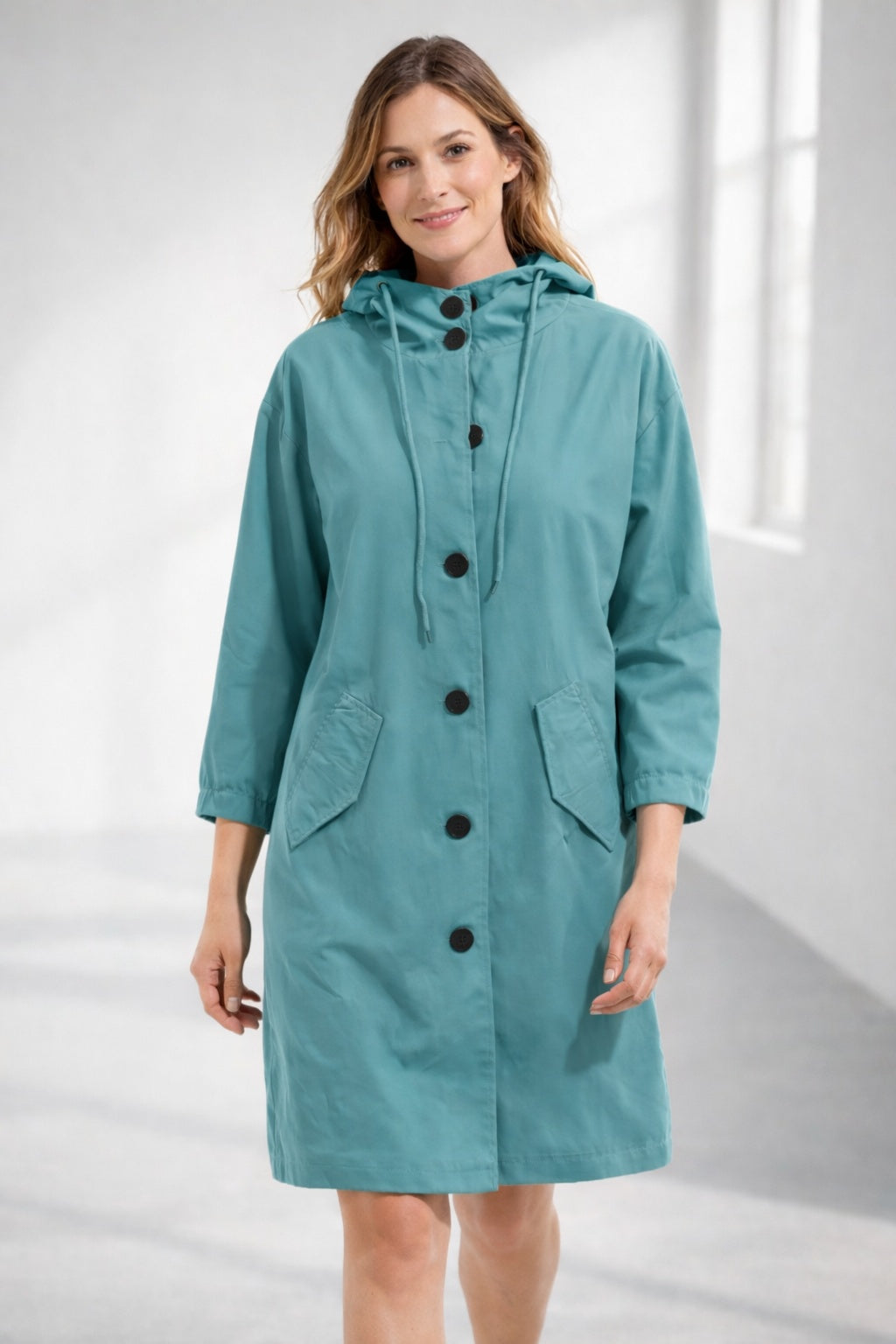 Katherine | Women's Long Hooded Lightweight Jacket Button Up 3/4 Sleeve