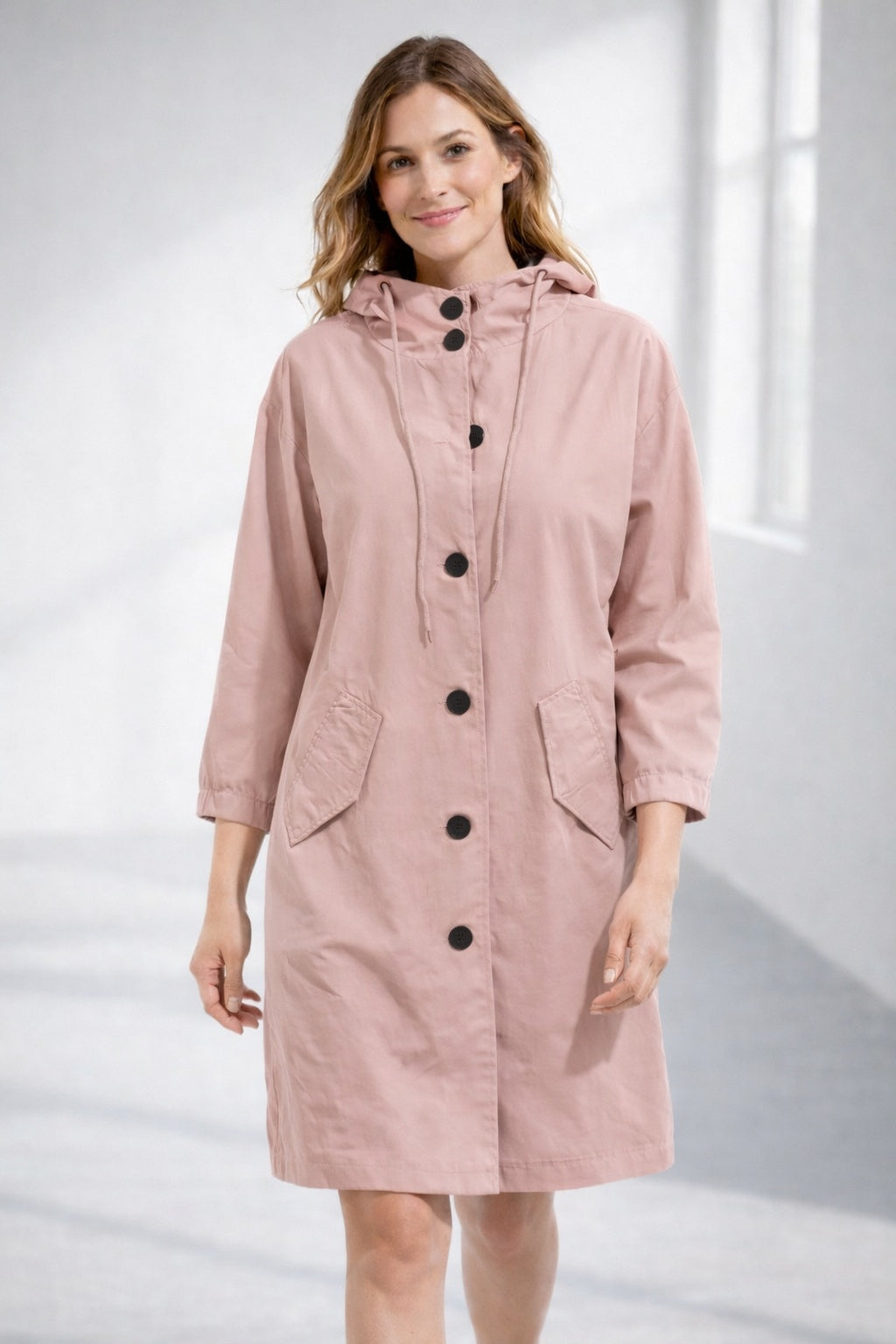 Katherine | Women's Long Hooded Lightweight Jacket Button Up 3/4 Sleeve