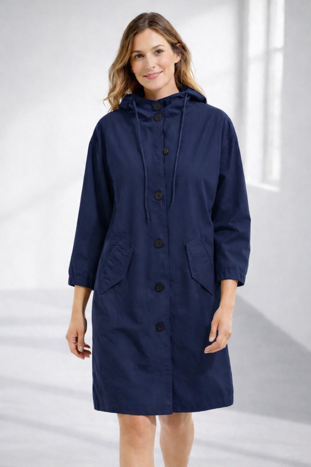 Katherine | Women's Long Hooded Lightweight Jacket Button Up 3/4 Sleeve