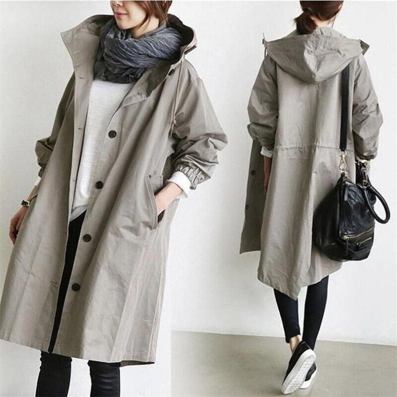 Katherine | Women's Long Hooded Lightweight Jacket Button Up 3/4 Sleeve
