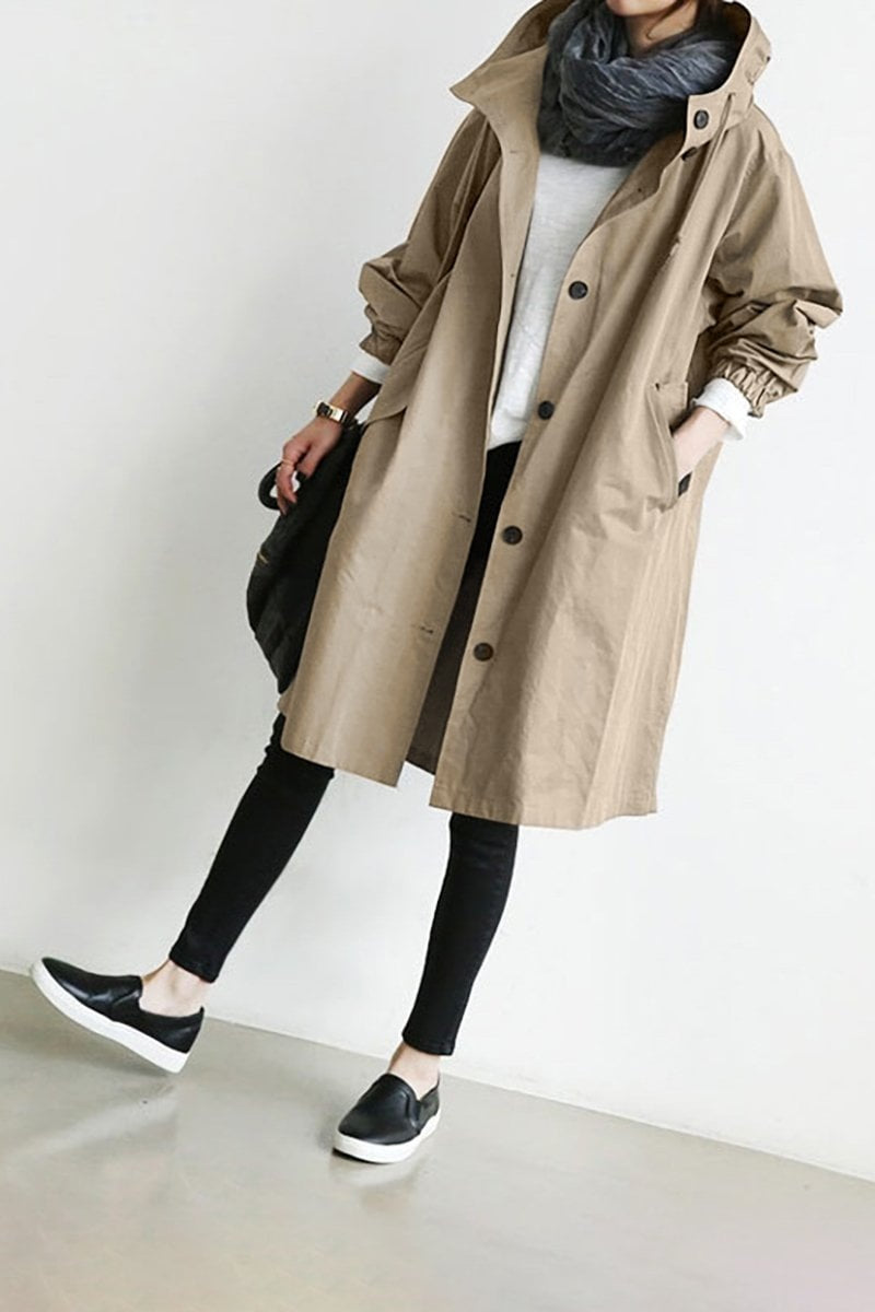 Katherine | Women's Long Hooded Lightweight Jacket Button Up 3/4 Sleeve