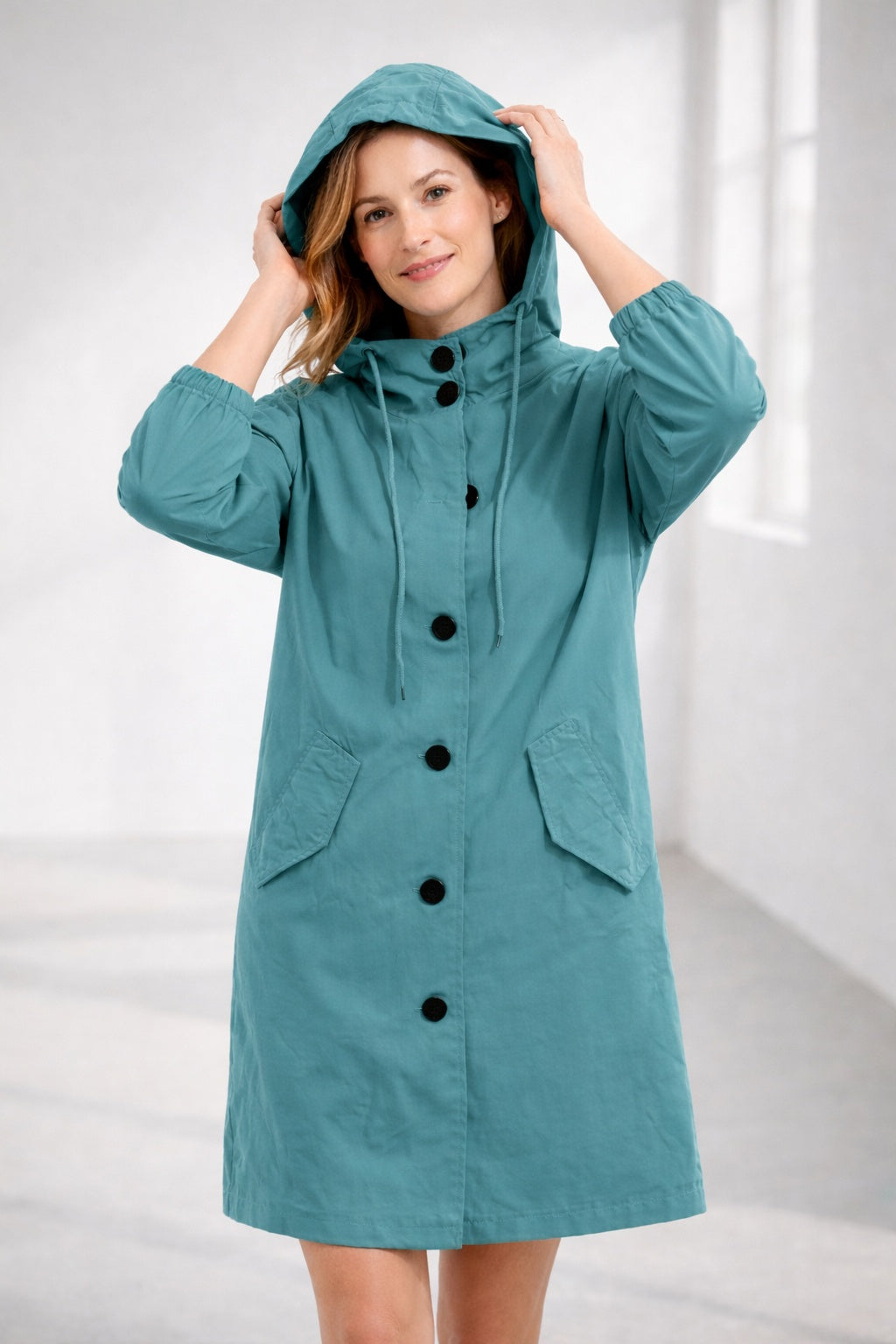 Katherine | Women's Long Hooded Lightweight Jacket Button Up 3/4 Sleeve