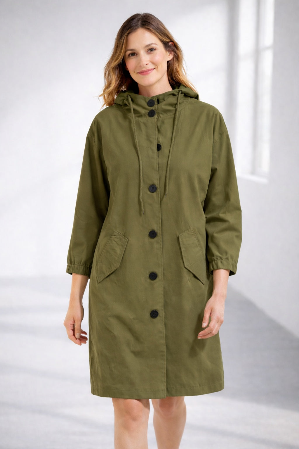 Katherine | Women's Long Hooded Lightweight Jacket Button Up 3/4 Sleeve