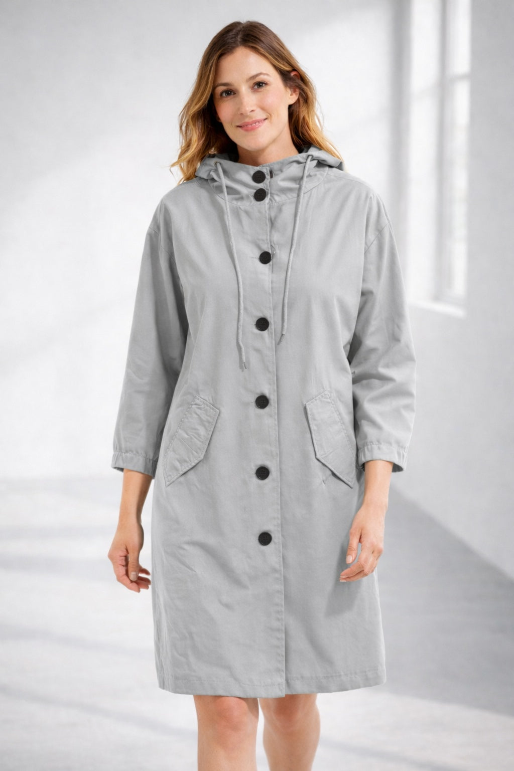 Katherine | Women's Long Hooded Lightweight Jacket Button Up 3/4 Sleeve