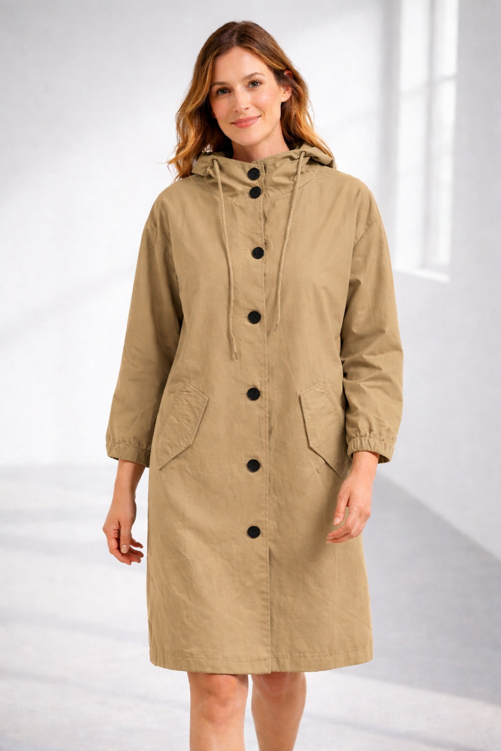 Katherine | Women's Long Hooded Lightweight Jacket Button Up 3/4 Sleeve