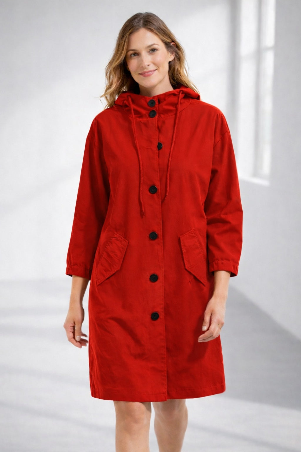 Katherine | Women's Long Hooded Lightweight Jacket Button Up 3/4 Sleeve