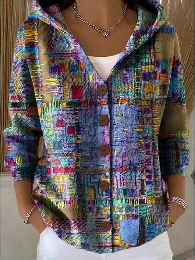 Aurora | Women's Long Printed Hooded Jacket Button Up