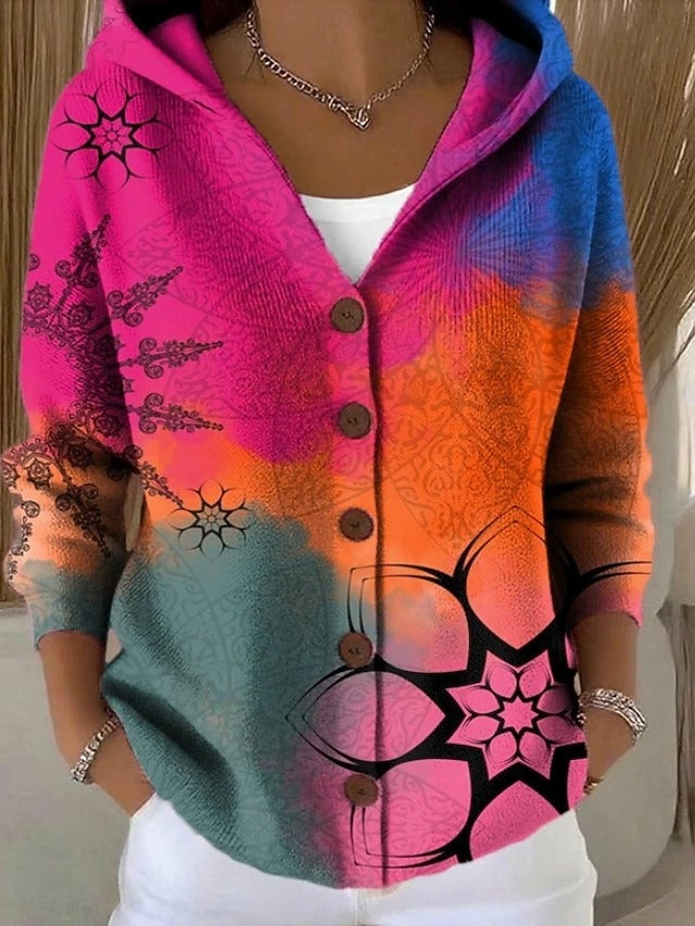 Aurora | Women's Long Printed Hooded Jacket Button Up