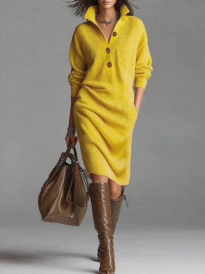 Natalie | Women's Long Sleeve Sweater Dress Button Collar Winter Knit