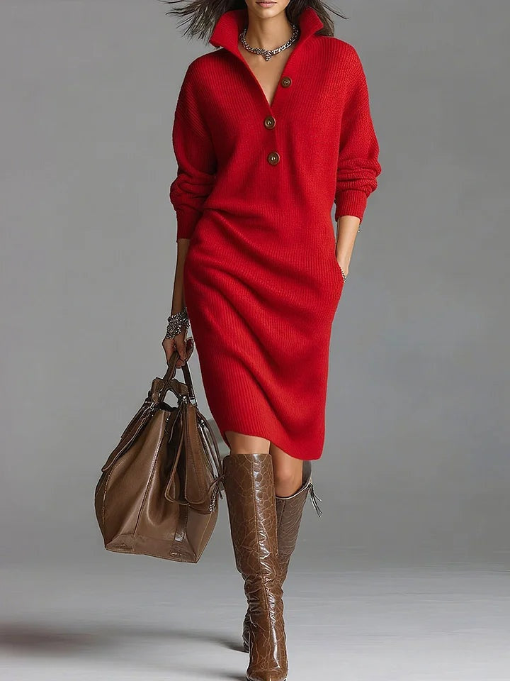 Natalie | Women's Long Sleeve Sweater Dress Button Collar Winter Knit