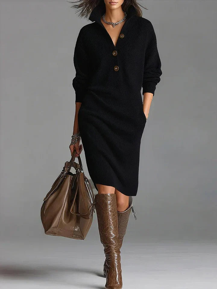 Natalie | Women's Long Sleeve Sweater Dress Button Collar Winter Knit