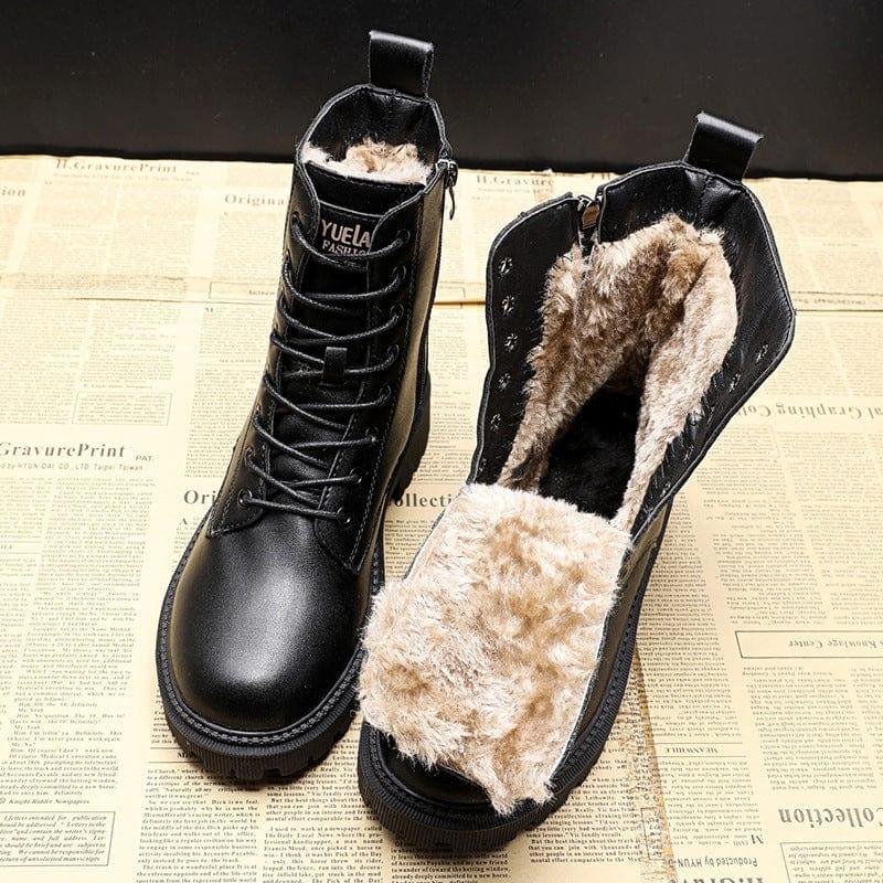 Women's Black Leather Winter Boots | Warm Lined Ankle Boots
