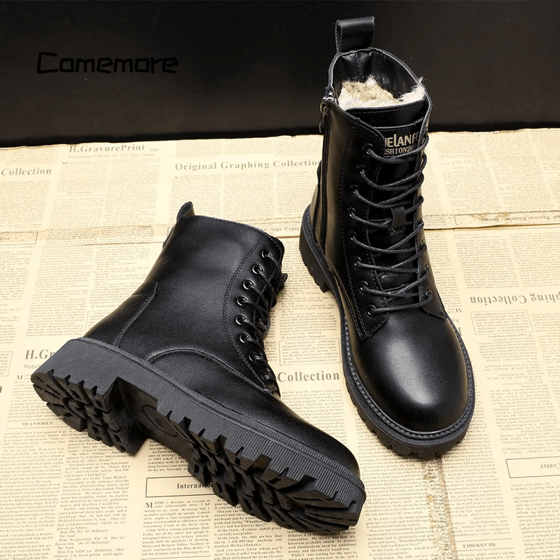 Women's Black Leather Winter Boots | Warm Lined Ankle Boots