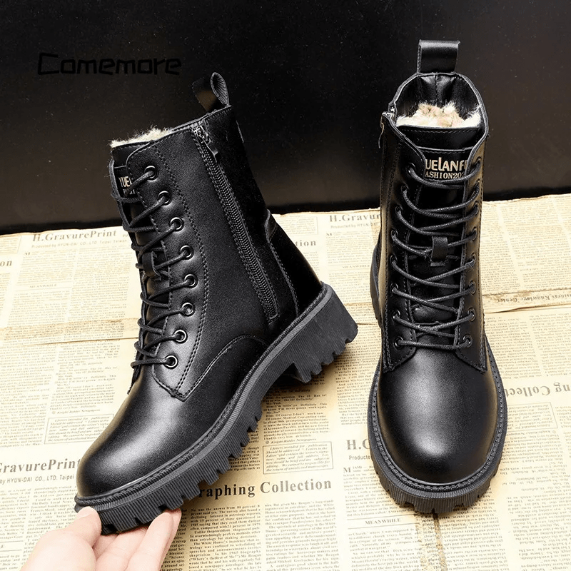 Women's Black Leather Winter Boots | Warm Lined Ankle Boots