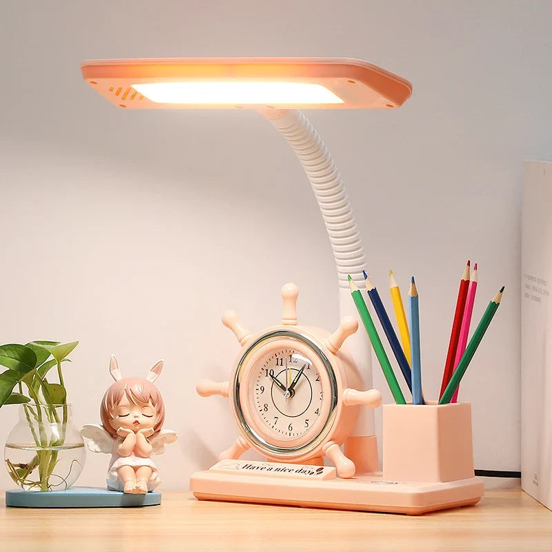 Desk Lamp | Adjustable Brightness, Flexible Neck & Clock Organizer