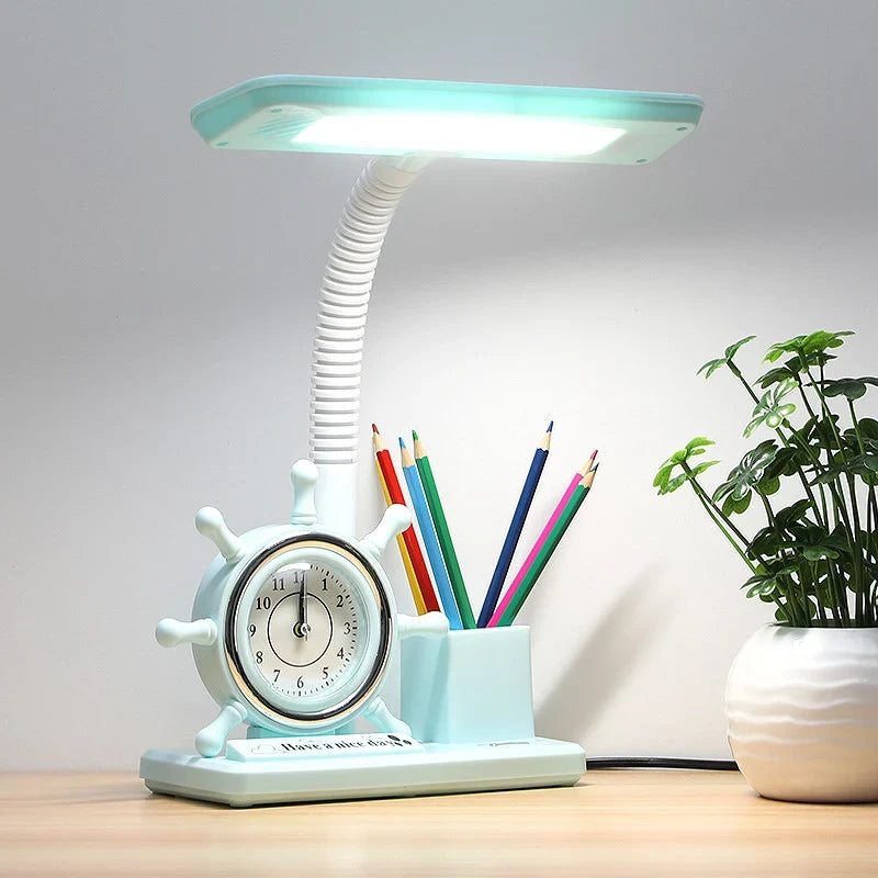 Desk Lamp | Adjustable Brightness, Flexible Neck & Clock Organizer