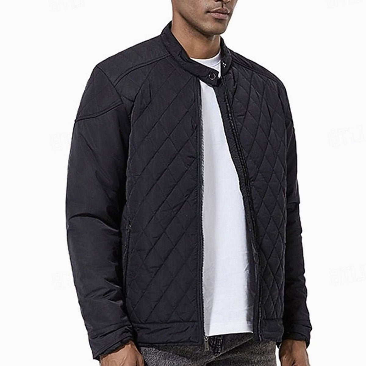 Diamond-Quilted Stand Collar Jacket for Men