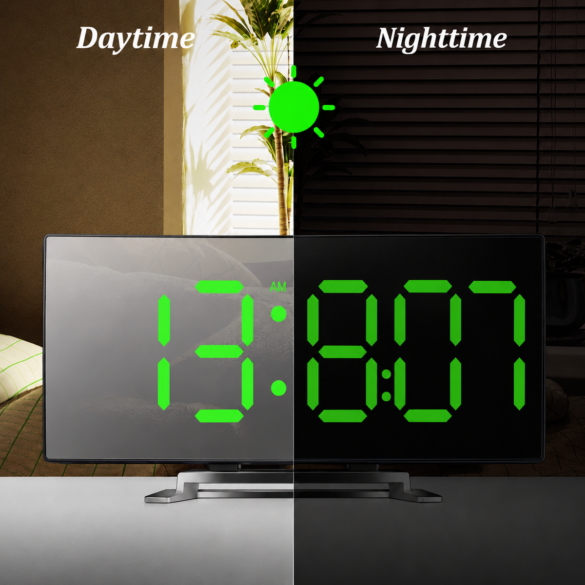 Digital Alarm Clock with Mirror Face and Auto Dimming LED Display