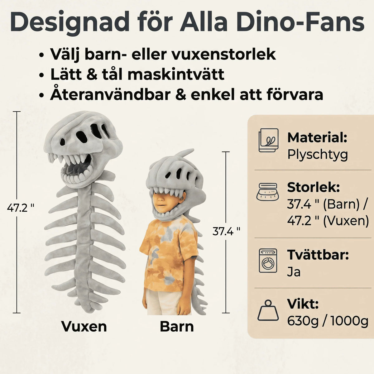 Dinosaur Hat | Realistic Skeleton & Machine Washable Plush | Child & Adult Sizes