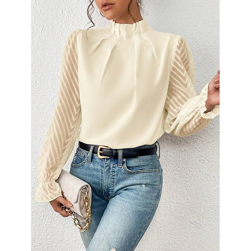 Women's High-Neck Blouse with Textured Sleeves