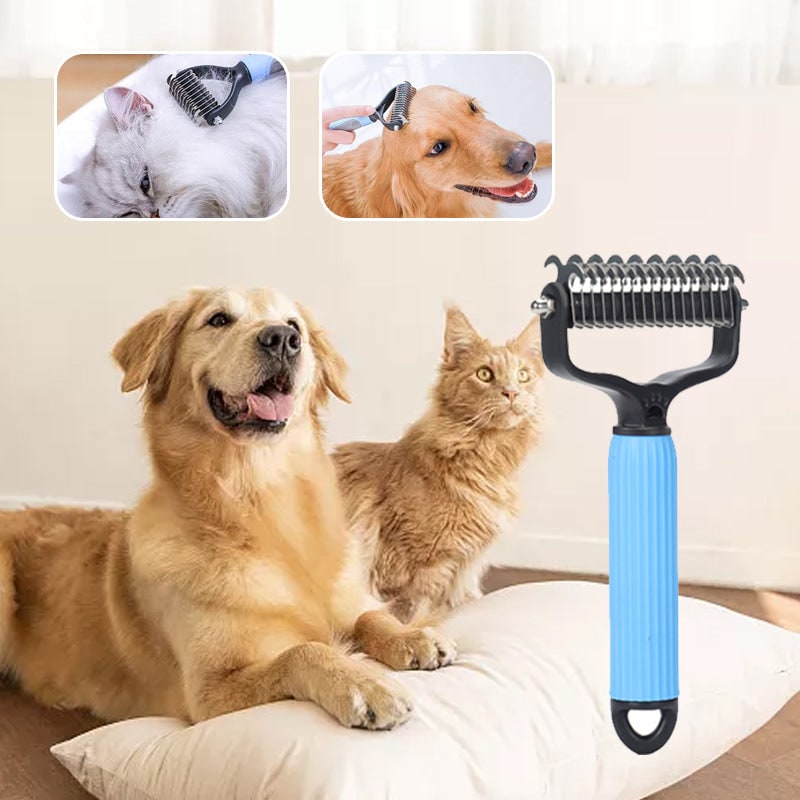 Dog Undercoat Brush with Double-Sided Rake and Curved Steel Teeth for Dematting