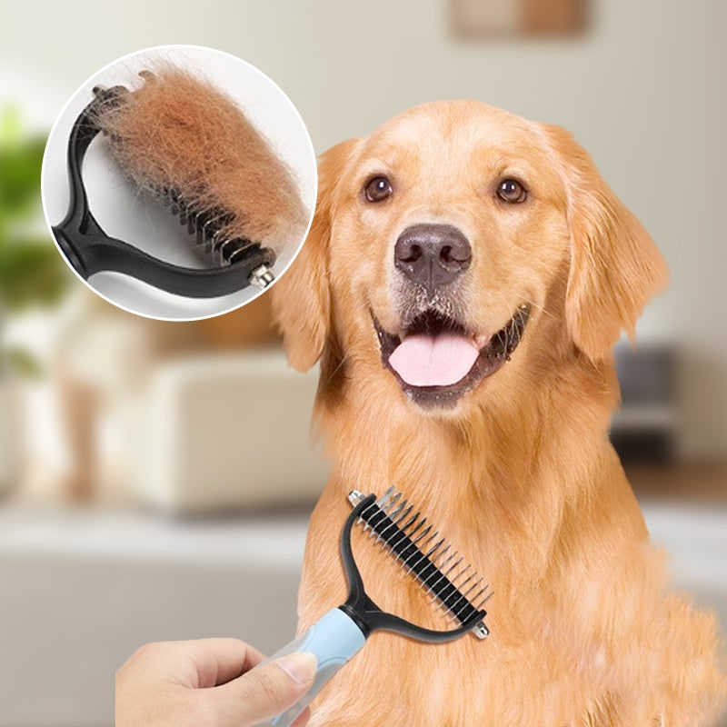 Dog Undercoat Brush with Double-Sided Rake and Curved Steel Teeth for Dematting