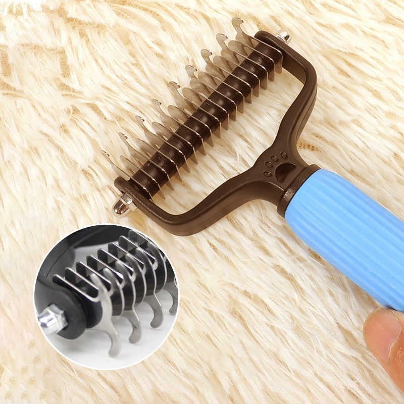 Dog Undercoat Brush with Double-Sided Rake and Curved Steel Teeth for Dematting