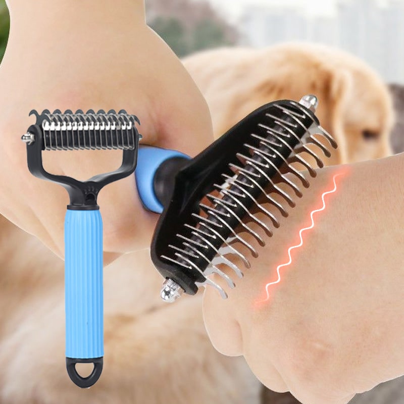 Dog Undercoat Brush with Double-Sided Rake and Curved Steel Teeth for Dematting