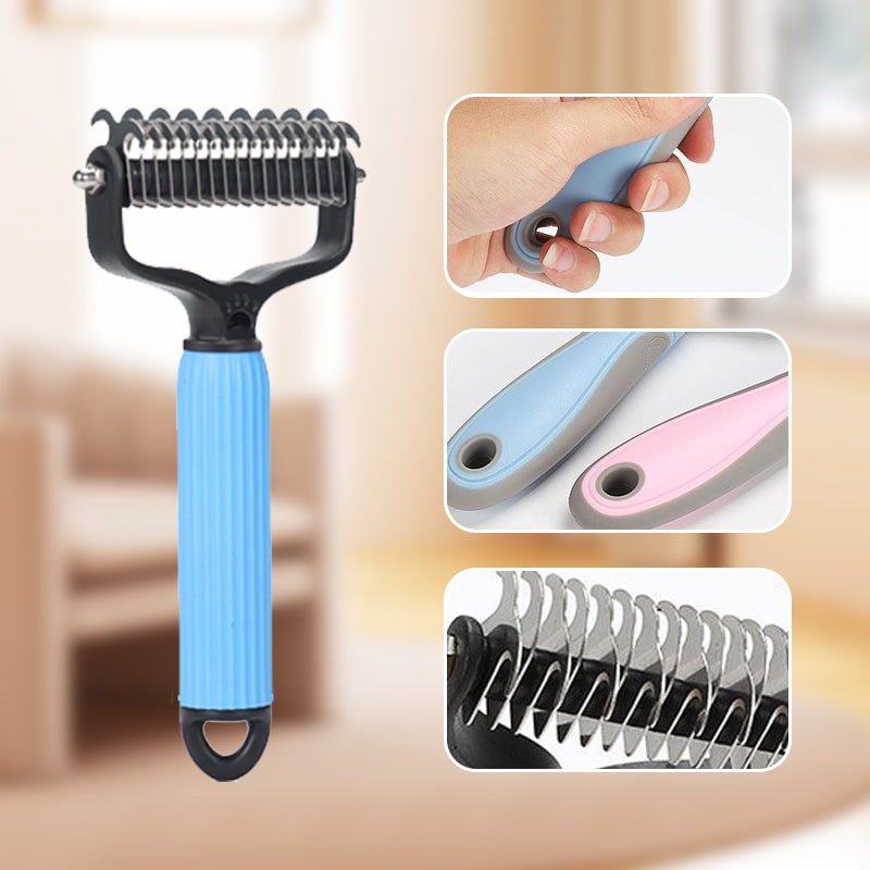 Dog Undercoat Brush with Double-Sided Rake and Curved Steel Teeth for Dematting