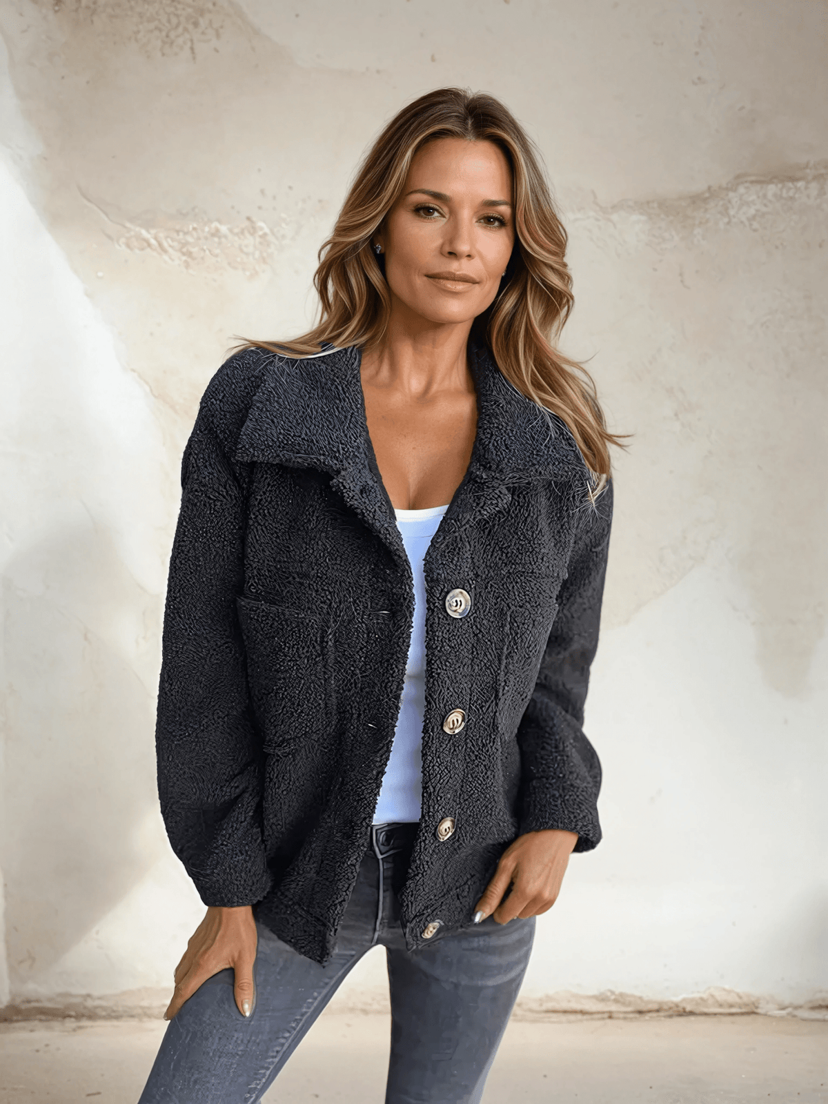 Women's Elegant Textured Wool Blend Jacket with Classic Shirt Collar and Button Front – Soft Teddy Style Short Coat with Relaxed Fit and Chest Pockets for Smart Casual Autumn and Winter Everyday Wear