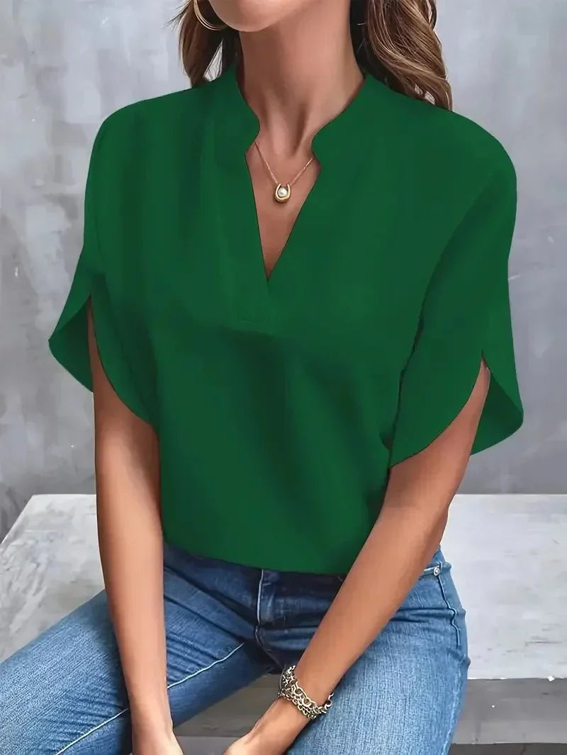 Women's Elegant Split Neck Blouse – Relaxed Fit with Draped Short Sleeves for Office and Smart Casual Wear